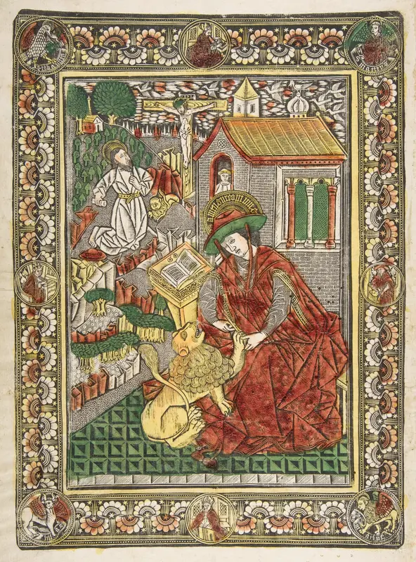 Saint Jerome in Penitence and as a Scholar Removing a Thorn from a Lion's Paw Wall Art by Master of the Church Fathers' Border - High-Resolution Digital Print