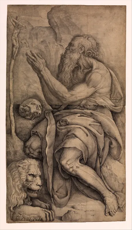 Saint Jerome kneeling before a crucifix, with a skull and lion Wall Art by Battista Franco - High-Resolution Digital Print