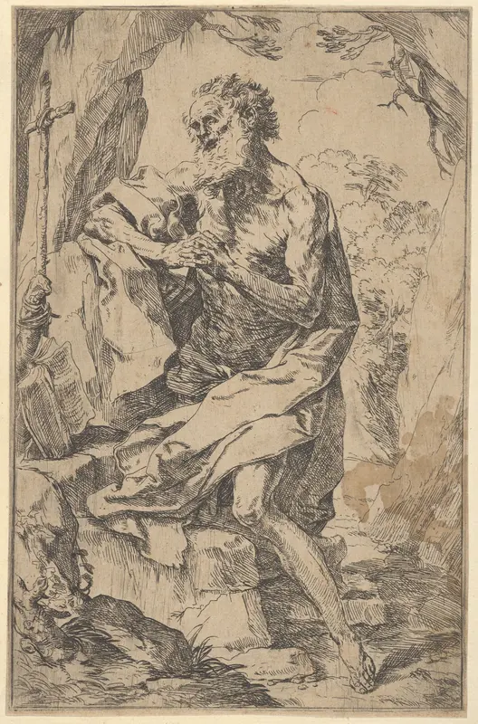 Saint Jerome kneeling on a rock in front of a cross and an open book facing left Wall Art by Guido Reni - High-Resolution Digital Print