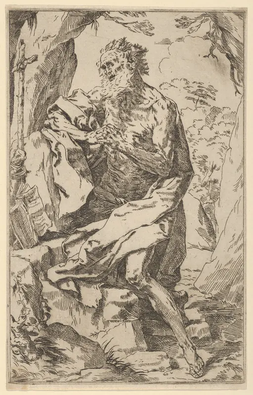 Saint Jerome kneeling on a rock in front of a cross and an open book facing left Wall Art by Anonymous, 17th century - High-Resolution Digital Print