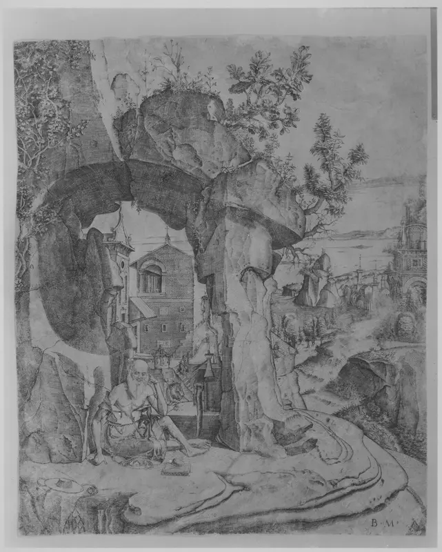 Saint Jerome seated beneath a rocky arch Wall Art by Benedetto Montagna - High-Resolution Digital Print