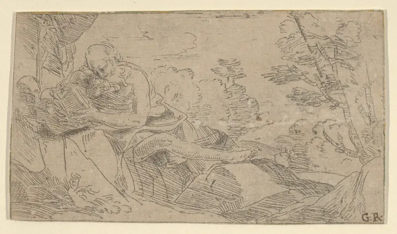 Saint Jerome seated on rocks and reading a book, a cross and a skull at left Wall Art by Anonymous - High-Resolution Digital Print