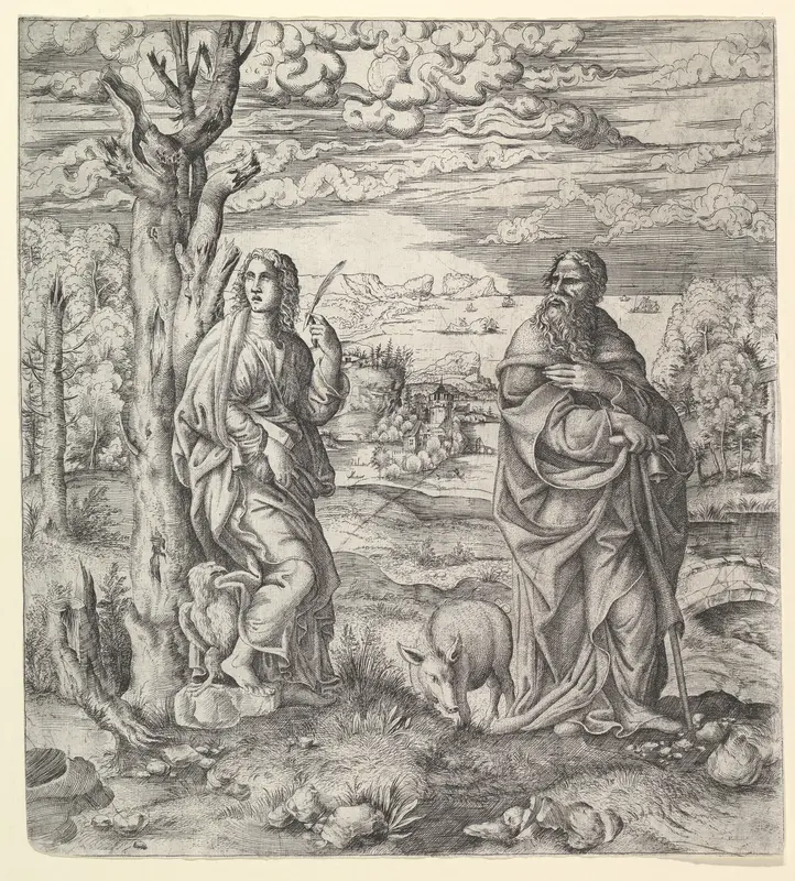 Saint John and Anthony in a Landscape Wall Art by Master IQV - High-Resolution Digital Print