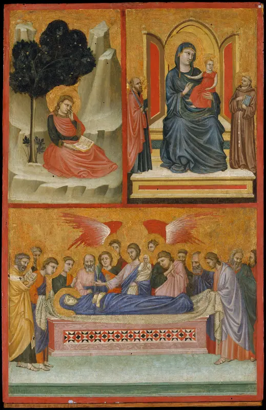 Saint John on Patmos, Madonna and Child Enthroned, and Death of the Virgin; The Crucifixion Wall Art by Pacino di Bonaguida - High-Resolution Digital Print