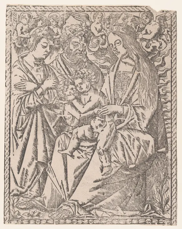Saint John the Baptist embracing the Christ Child who sits on the Virgin's knee, she is being crowned by angels, other saints at left Wall Art by Anonymous, Italian, 16th century - High-Resolution Digital Print