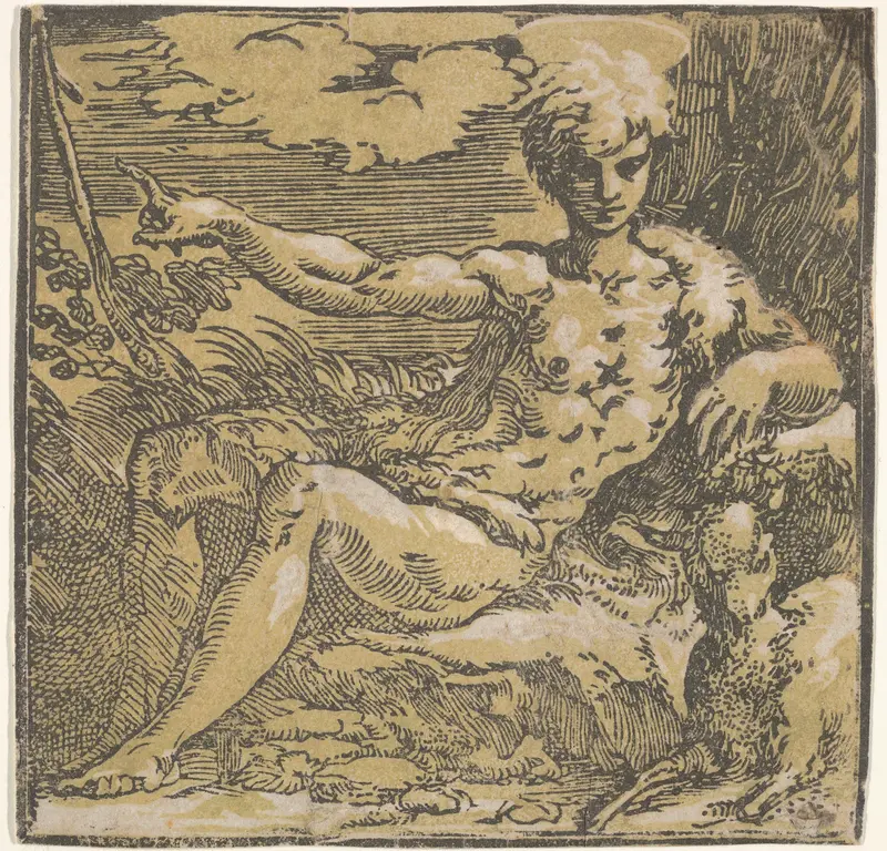 Saint John the Baptist in the desert, a lamb by his side Wall Art by Antonio da Trento - High-Resolution Digital Print