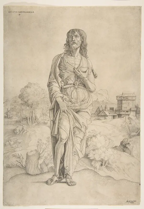 Saint John the Baptist standing in landscape, figures and buildings in the background