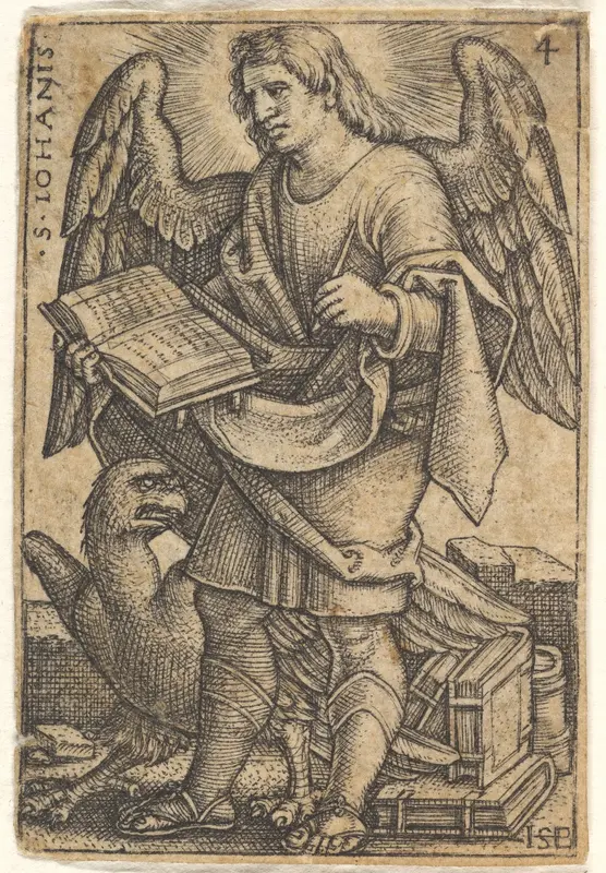 Saint John with his head turned three-quarters to the left, with a book in his right hand and an eagle at his fee, plate 4 from "The Four Evangelists" Wall Art by Sebald Beham - High-Resolution Digital Print