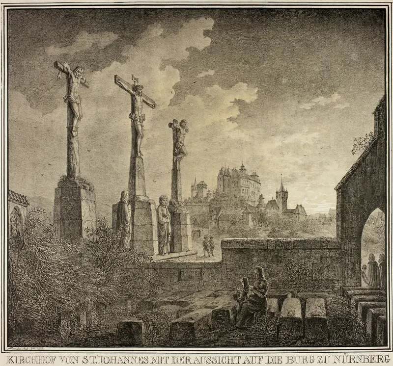 Saint John's Cemetery with a View of the City of Nuremberg, from Collection of Memorable Medieval Buildings in Germany Wall Art by Domenico Quaglio - High-Resolution Digital Print