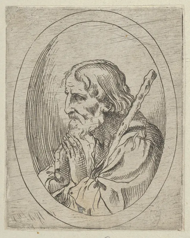 Saint Jude in prayer, seen in profile facing left with a staff resting on his shoulder, in an oval frame, from "Christ, the Virgin, and Thirteen Apostles" Wall Art by Anonymous, 17th century - High-Resolution Digital Print