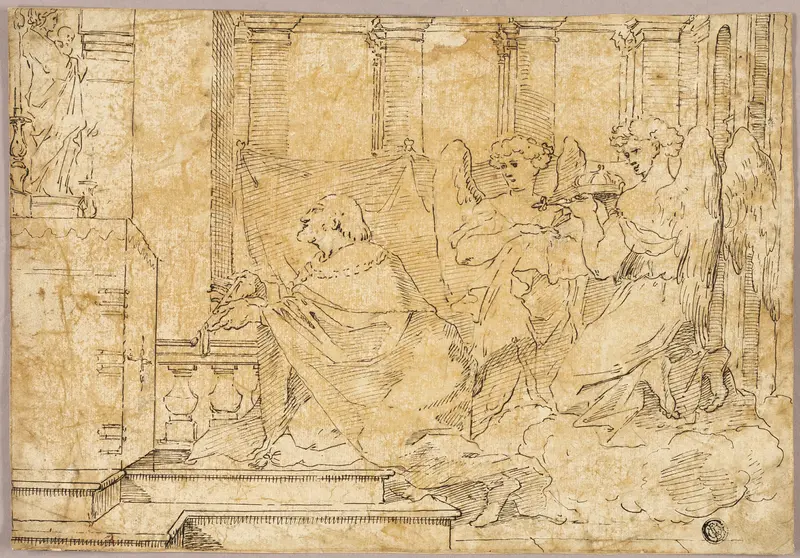 Saint Kneeling before Altar with Statue of Madonna and Child