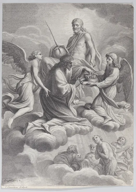 Saint Louis of France received into heaven by Christ and two angels who offer him the crown of France Wall Art by Charles Simonneau - High-Resolution Digital Print