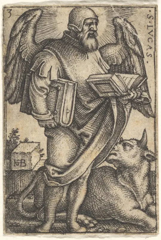 Saint Luke with his head turned in profile to the right, a book in each hand, a bull at his feet, plate 3 from "The Four Evangelists" Wall Art by Sebald Beham - High-Resolution Digital Print