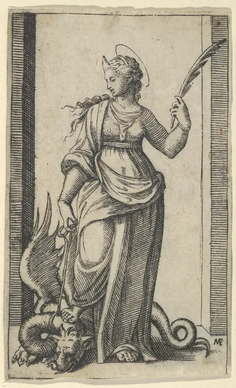 Saint Margaret standing, a dragon at the left, from "Piccoli Santi" (Small Saints)
