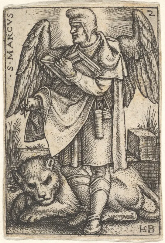 Saint Mark, his head turned in profile to the left, with an open book in his right hand and a lion at his feet, plate 2 from "The Four Evangelists" Wall Art by Sebald Beham - High-Resolution Digital Print