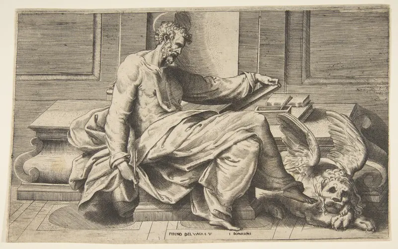 Saint Mark writing his Gospel, a winged lion at the right Wall Art by Giulio Bonasone - High-Resolution Digital Print