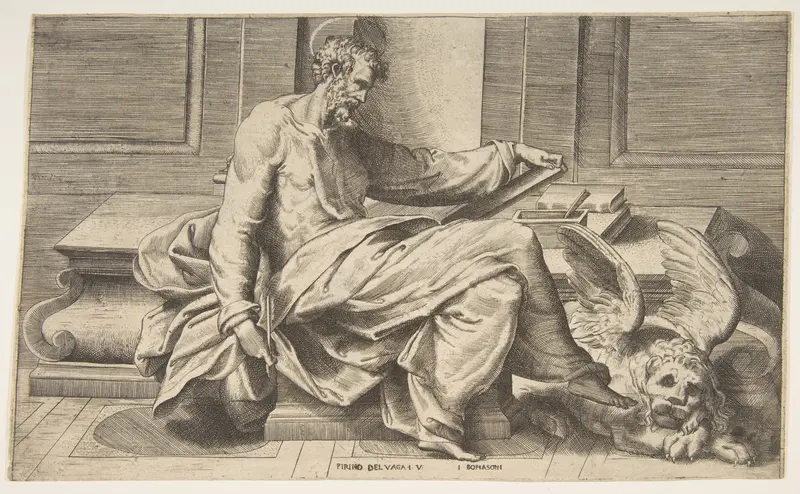 Saint Mark writing his gospel, winged lion at the right Wall Art by Giulio Bonasone - High-Resolution Digital Print