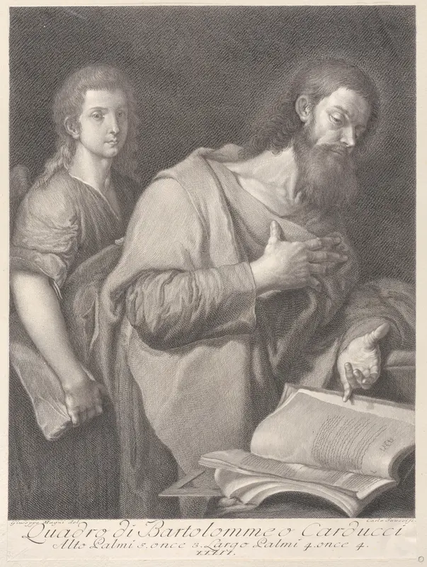 Saint Matthew, standing before a book at right with a hand on his chest, another man behind him at left Wall Art by Carlo Faucci - High-Resolution Digital Print