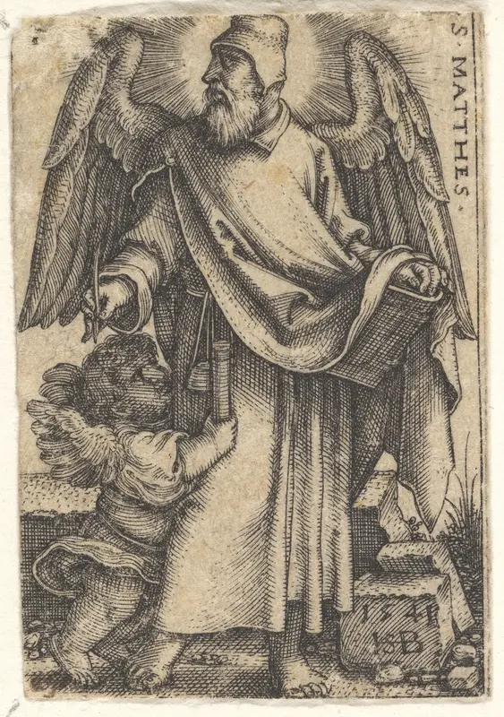 Saint Matthew with his head turned in profile to the left, a cherub at bottom left, plate 1 from "The Four Evangelists" Wall Art by Sebald Beham - High-Resolution Digital Print
