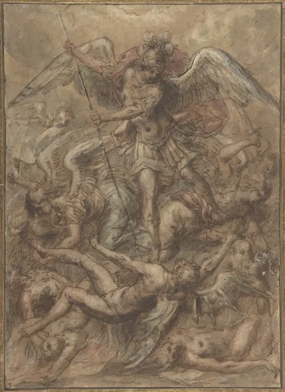 Saint Michael Expelling the Fallen Angels Wall Art by Anonymous, Italian, Roman-Bolognese, 17th century - High-Resolution Digital Print