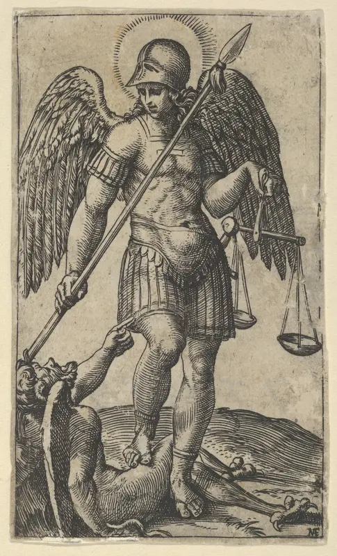 Saint Michael holding scales and a lance, a demon beneath him, from "Piccoli Santi" (Small Saints)