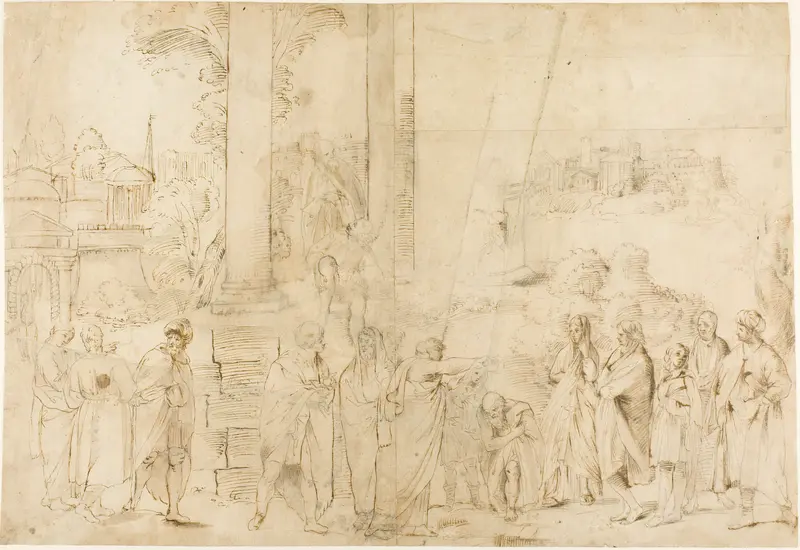 Saint Paul Baptizing Dionysus the Areopagite (recto); Sketches of Baby, Hands (verso) Wall Art by Antonio Carracci - High-Resolution Digital Print