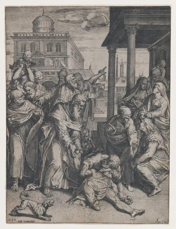 Saint Paul raising Patroclus who is on the ground, surrounded by a group of onlookers, a dog in the foreground at left Wall Art by Agostino Carracci - High-Resolution Digital Print