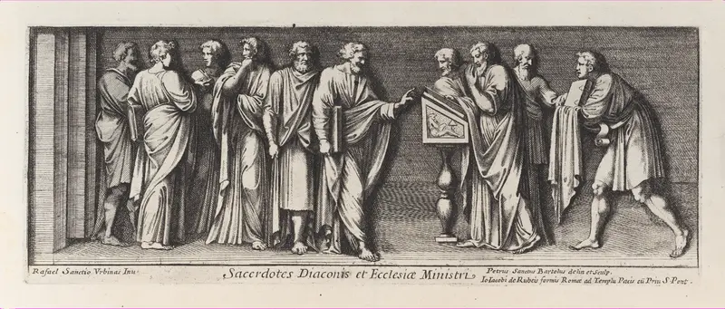 Saint Paul standing before the Proconsul, from a series of 15 plates, depicting Raphael's works for the Vatican stanze and the Sistine Chapel tapestries Wall Art by Pietro Santi Bartoli - High-Resolution Digital Print