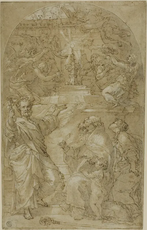 Saint Peter, Saint Augustine and a Female Saint in Adoration of the Eucharist Wall Art by Unknown artist - High-Resolution Digital Print