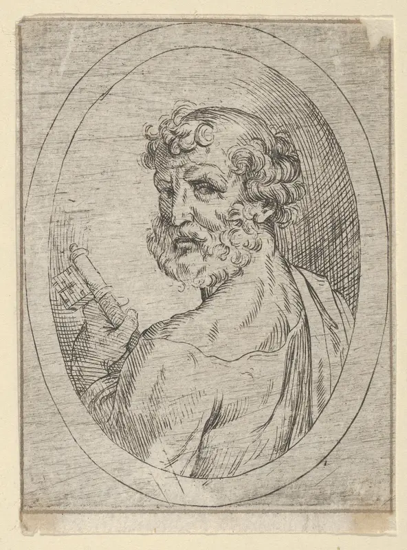 Saint Peter seen from behind, turning to face outwards and holding a key, in an oval frame, from "Christ, the Virgin, and Thirteen Apostles" Wall Art by Anonymous, 17th century - High-Resolution Digital Print