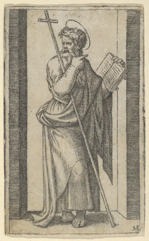 Saint Philip, book in his left hand, staff resting on his left arm, from "Piccoli Santi" (Small Saints)