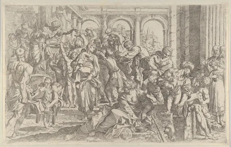 Saint Roch at left distributing alms to a group of people gathered around him, after Annibale Caracci Wall Art by Francesco Brizio - High-Resolution Digital Print