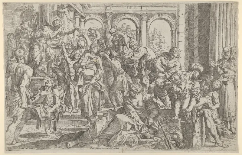 Saint Roch at left distributing alms to a group of people gathered around him Wall Art by Francesco Brizio - High-Resolution Digital Print