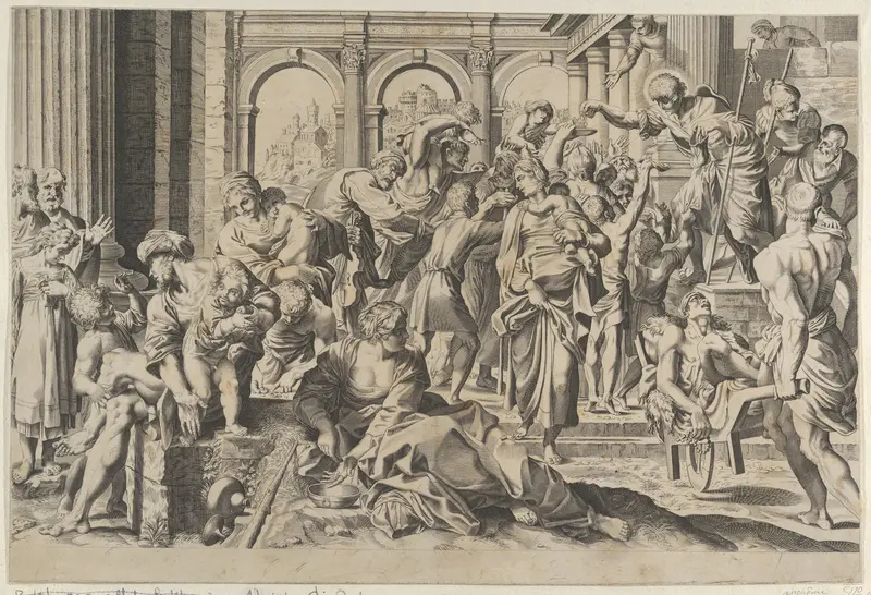 Saint Roch at right distributing alms to a group of people gathered around him, after Annibale Caracci Wall Art by Anonymous - High-Resolution Digital Print