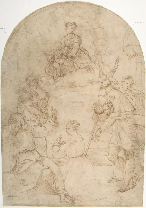 Saint Roch Recommending a Woman with a Sick Child to the Virgin (recto); Figure of a Man Holding a Book; Nude Figure of a Man (verso) Wall Art by Anonymous, Italian, 16th century - High-Resolution Digital Print