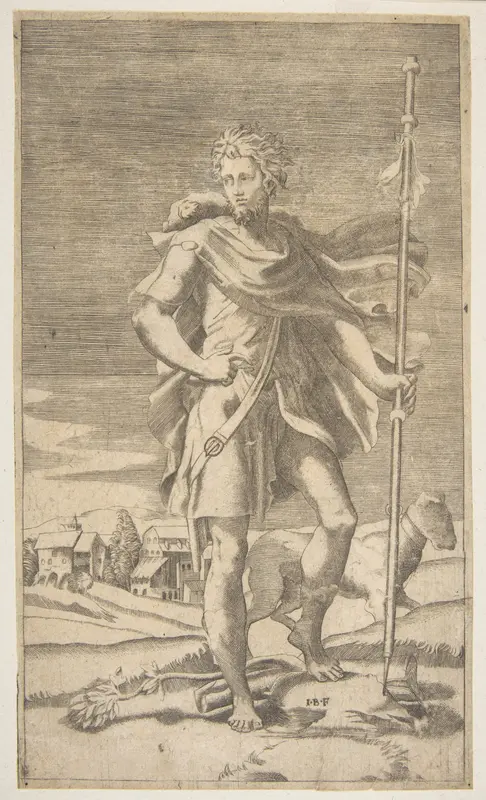 Saint Roch standing holding a staff in his left hand, a dog by his side Wall Art by Giulio Bonasone - High-Resolution Digital Print