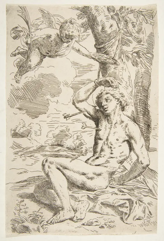 Saint Sebastian pierced with arrows and tied to a tree, copy after Cantarini Wall Art by Simone Cantarini - High-Resolution Digital Print