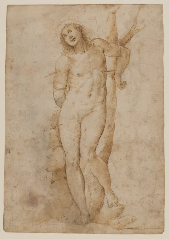 Saint Sebastian (recto); sketches of a male head and a standing figure in a short cape; a copy of the figure on the recto (verso) Wall Art by Sodoma (Giovanni Antonio Bazzi) - High-Resolution Digital Print