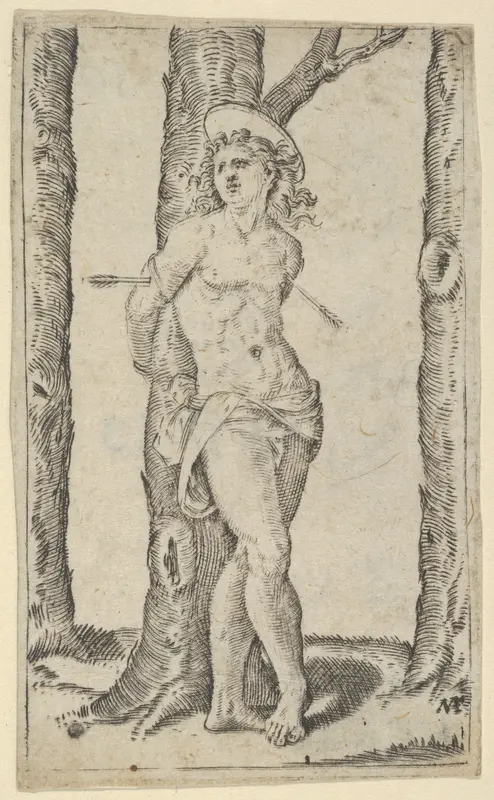 Saint Sebastian tied to tree pierced with arrows, from "Piccoli Santi" (Small Saints)