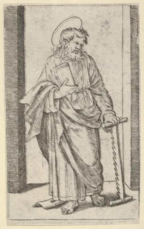Saint Simon, a saw in his lowered left hand, from "Piccoli Santi" (Small Saints)