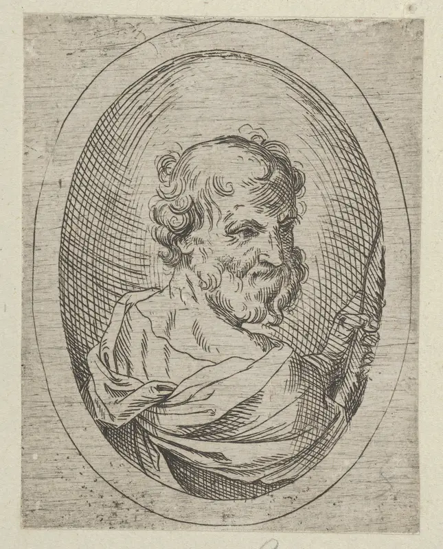 Saint Simon seen from behind, turning to the right and holding a saw, in an oval frame, from "Christ, the Virgin, and Thirteen Apostles" Wall Art by Anonymous, 17th century - High-Resolution Digital Print