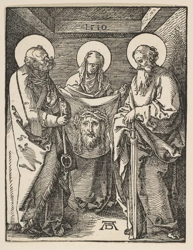 Saint Veronica between Saints Peter and Paul, from "The Small Passion" Wall Art by Albrecht Dürer - High-Resolution Digital Print