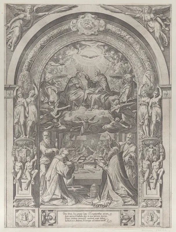 Saints Lawrence, Sixtus, Peter, and Paul adoring the Coronation of the Virgin by Christ above Wall Art by Anonymous - High-Resolution Digital Print