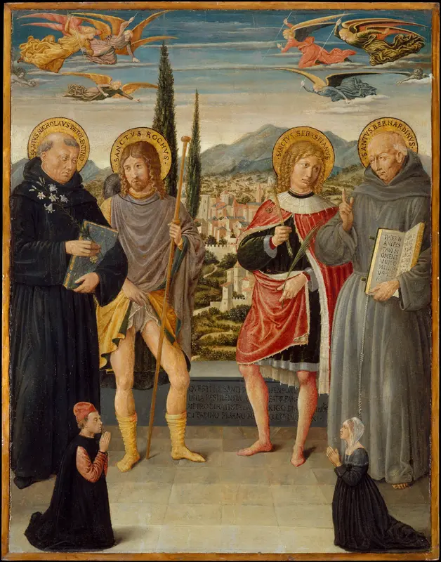 Saints Nicholas of Tolentino, Roch, Sebastian, and Bernardino of Siena, with Kneeling Donors Wall Art by Benozzo Gozzoli (Benozzo di Lese di Sandro) - High-Resolution Digital Print