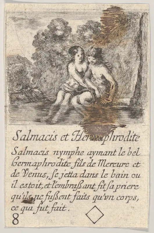 Salmacis and Hermaphrodite, from "Game of Mythology" (Jeu de la Mythologie) Wall Art by Stefano della Bella - High-Resolution Digital Print