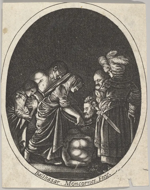 Salome receiving the head of John the Baptist, surrounded by three men and a child bearing a torch, the Baptist's body lies on the ground Wall Art by Balthazar Moncornet - High-Resolution Digital Print