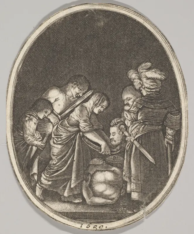 Salome receiving the head of John the Baptist, surrounded by three men and a child bearing a torch, the Baptist's body lies on the ground Wall Art by Hendrick Goudt - High-Resolution Digital Print