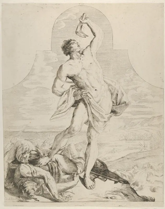 Samson holding the jaw bone of an ass over his head and standing next to the Philistines he has just killed, more dead bodies in the background, a tapered composition with rounded top, after Reni Wall Art by Flaminio Torre (Torri) - High-Resolution Digital Print