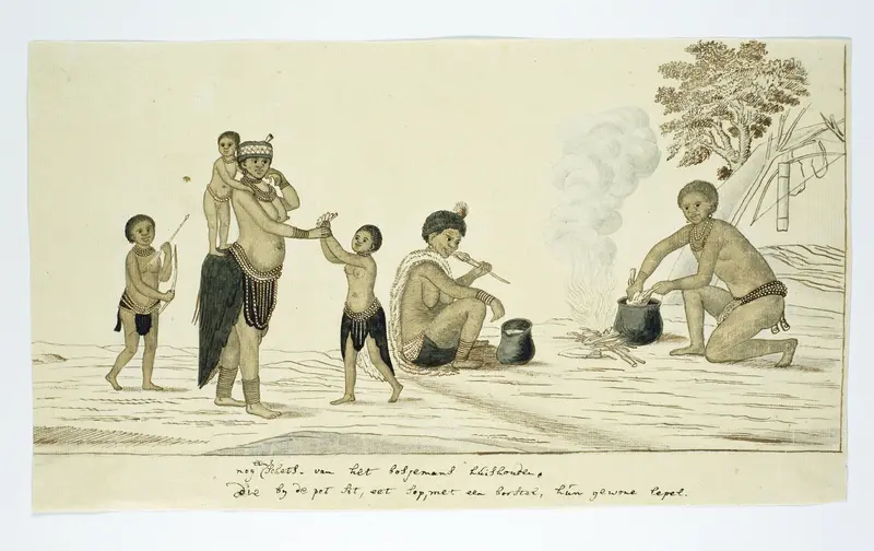 San-huishouden met vuur en kookpotten Wall Art by Unknown - High-Resolution Digital Print