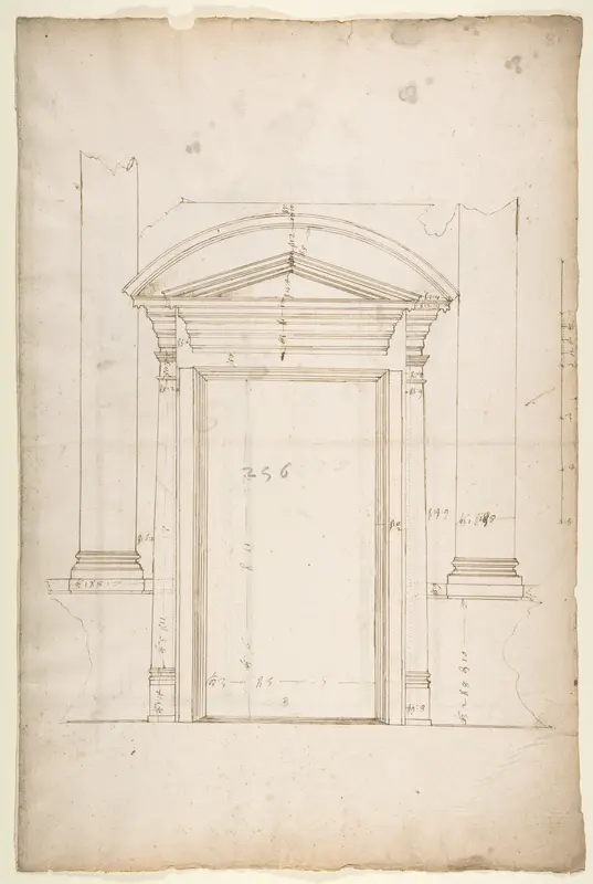 San Lorenzo, Library, entry portal to library, elevation (recto) San Lorenzo, Library, entry portal to library, section; entry portal to library, side elevation (verso)
